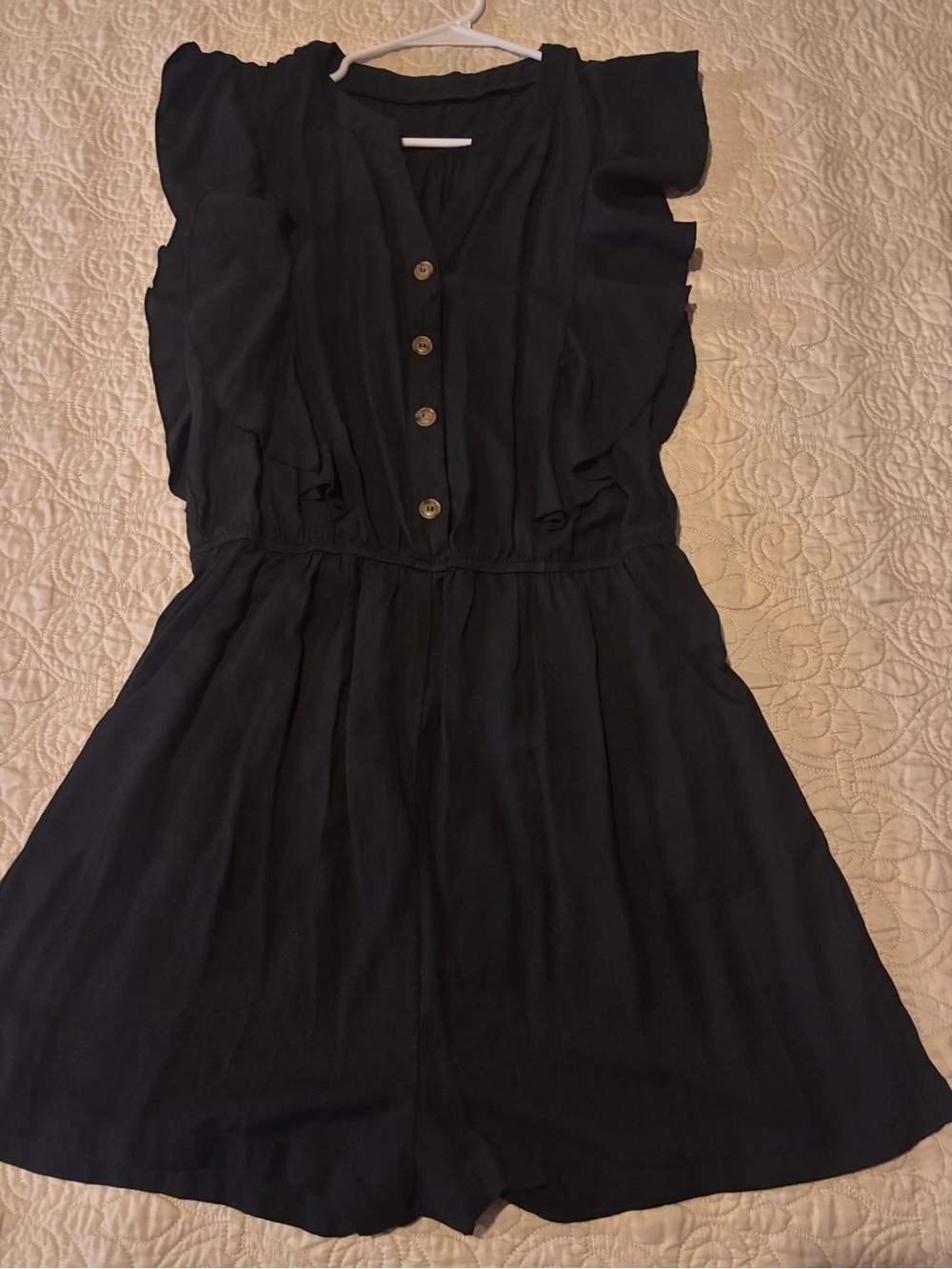 Women’s Black Ruffle Button-Front Mini romper